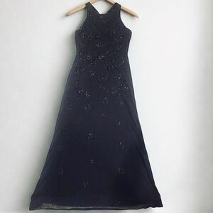 Vintage Stenay Hand Beaded 80s Formal Floral Elegant Black Evening Gown PM